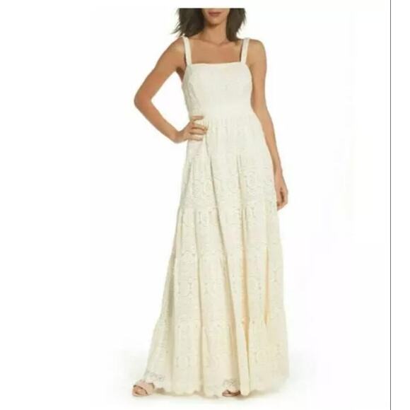 Eliza J Cream Cotton Blend Ruffle Crochet Tiered Boho Maxi Dress • Size 0P ⬇️ - Picture 1 of 3